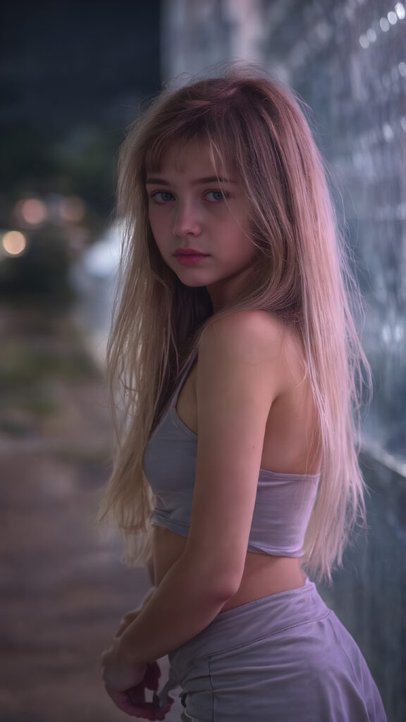a (((realistic and detailed portrait))) of a 14-year-old silver-skinned teen girl, a perfect curves-fitting body, (((short pants))) and ((super short crop tank top)), an angelic (((round face))), (((soft long straight hair, her hair reaches down to her waist))), and an (((nightly landscape))) as a (side view)