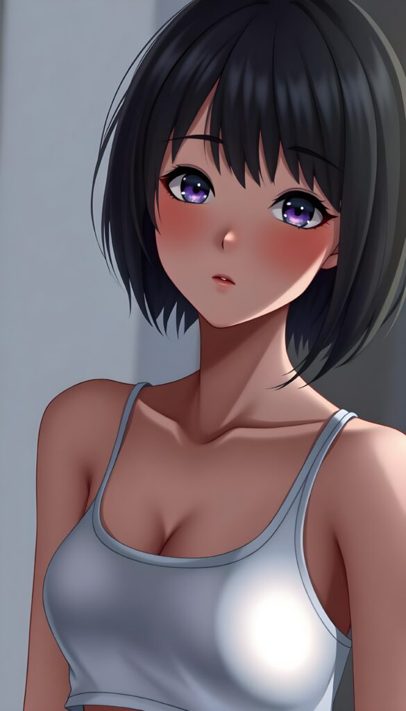 a (((realistic cute teen girl))) with a ((perfectly curved silhouette)) and illustrative details that convey youthful cuteness, bob cut, shoulder-length hair. She is wearing a white cropped tank top with a low neckline. You can see her belly button