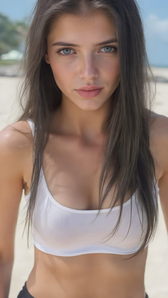 a (((realistic and detailed photo))) of a (((beautiful well busty teen girl))) with long, (((soft black straight hair))), green eyes, and a sleekly defined figure, dressed in a tight (((white short tank top, deep neck))), paired with a (((black round mini skirt))), on a sunny sandy beach.