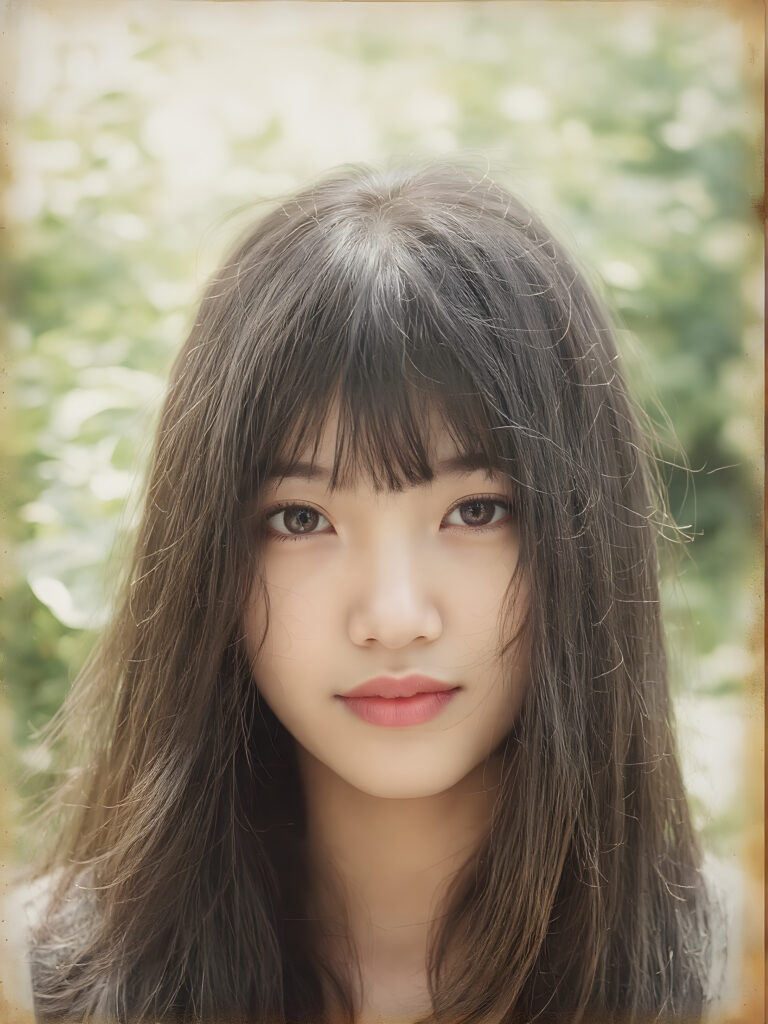 a (((realistic old close up Polaroid photo))), representing a (((beautiful young Asian girl, long soft obsidian black hair, bangs cut))), round face, with an (((ultra realistic, intricate details))) that defy the laws of physics, with a (((dynamic advanced lighting system))) that brings out the extreme details, composited against a (((natural, sunny green backdrop))), emulating a hyper-realistic, advanced photography, exotic style