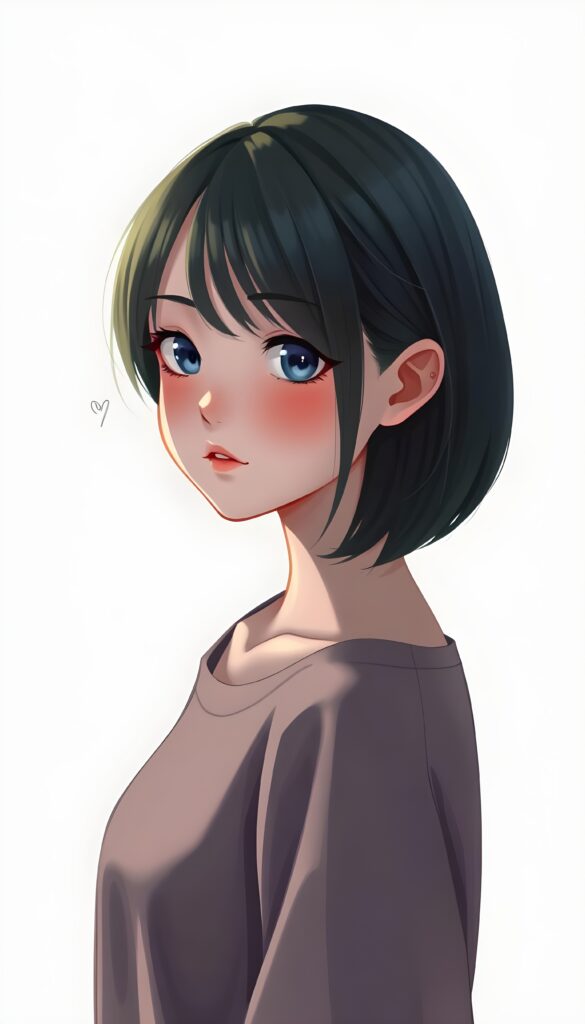 a (((realistic cute teen girl))) with a ((perfectly curved silhouette)) and illustrative details that convey youthful cuteness, bob cut, shoulder-length hair