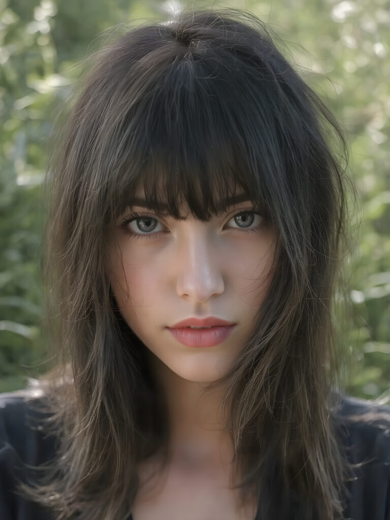 a (((realistic portrait))), representing a (((beautiful young girl, long soft obsidian black messy full hair, bangs cut))), round face, with an (((ultra realistic, intricate details))) that defy the laws of physics, with a (((dynamic advanced lighting system))) that brings out the extreme details, composited against a (((natural, sunny green backdrop))), emulating a hyper-realistic, advanced photography