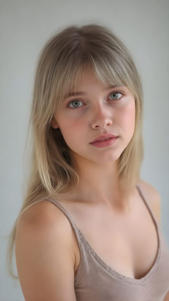 a (((realistic cute young teen girl))), with straight soft long light blond hair, (full lips), and ((big amber eyes, round face)) that exude innocence, paired with a (short cropped tank top, deep v-neck) that emphasizes her perfect body, (perfect skin), her figure is so perfectly proportioned that it defies reality, (((against a light grey backdrop))) ((upper body portrait))