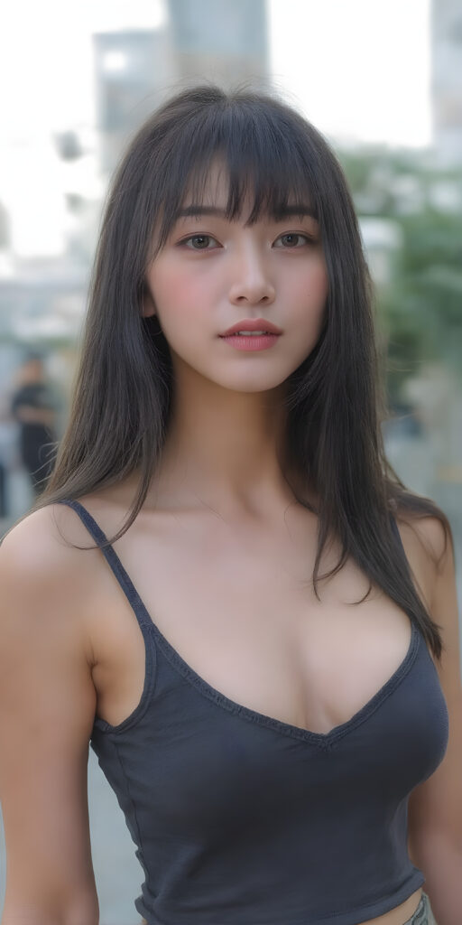 a realistic (((beautiful young well busty Korean teenage dream girl, perfect curved body))), with flowing, (((soft long straight black soft hair, bangs))). She is dressed in a sleek, (cropped tank top, deep v-neck), photograph, stands in the street