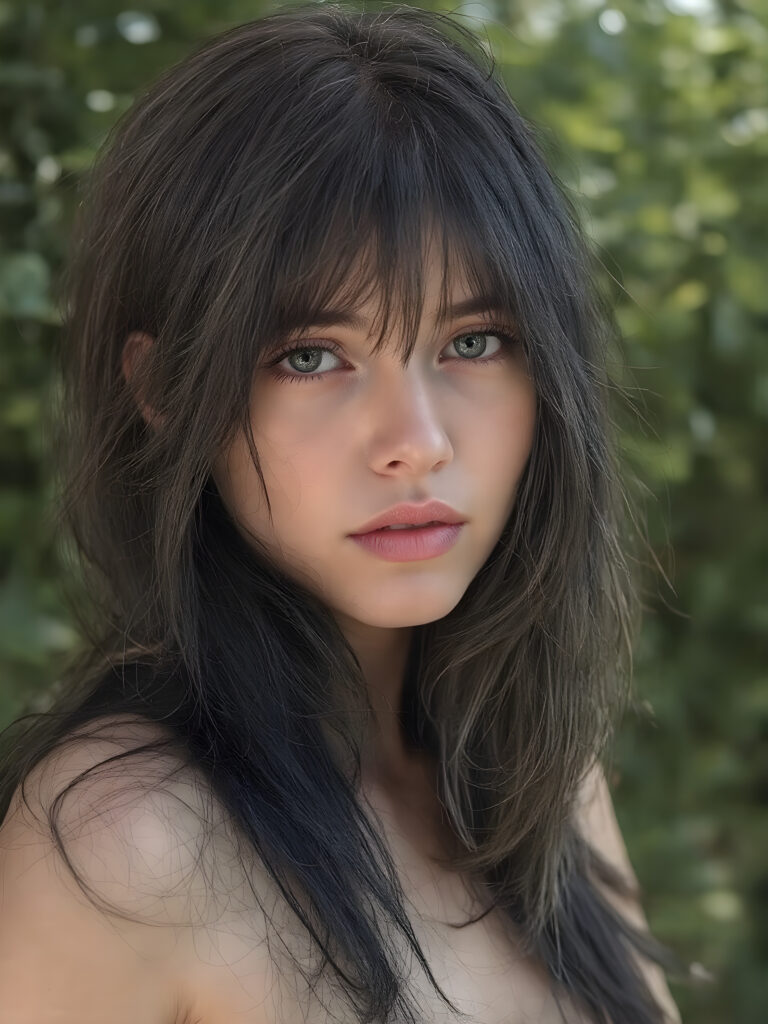 a (((realistic portrait))), representing a (((beautiful young girl, long soft obsidian black messy full hair, bangs cut))), round face, with an (((ultra realistic, intricate details))) that defy the laws of physics, with a (((dynamic advanced lighting system))) that brings out the extreme details, composited against a (((natural, sunny green backdrop))), emulating a hyper-realistic, advanced photography