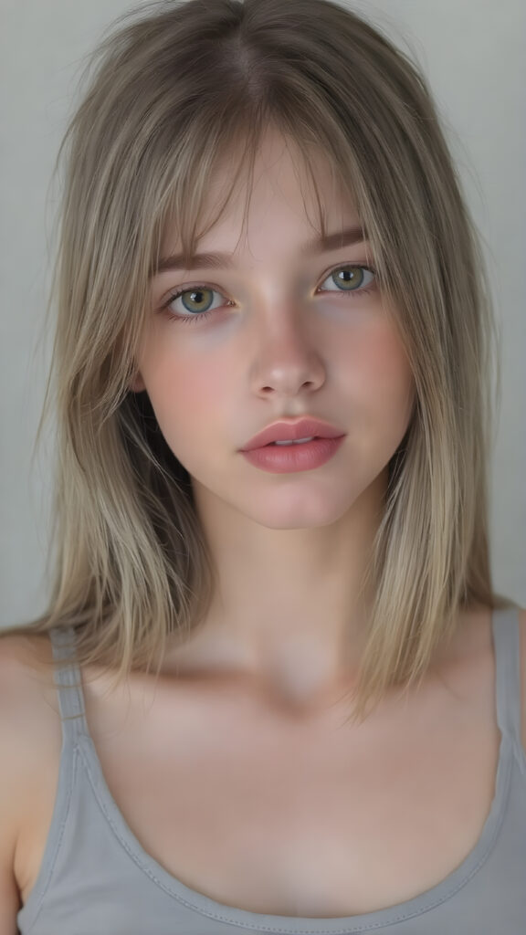 a (((realistic cute teen girl))), with straight soft long light brown hair, (full lips), and ((big amber eyes, round face)) that exude innocence, paired with a (short cropped tank top) that emphasizes her perfect body, (perfect skin), her figure is so perfectly proportioned that it defies reality, (((against a light grey backdrop))) ((upper body portrait))