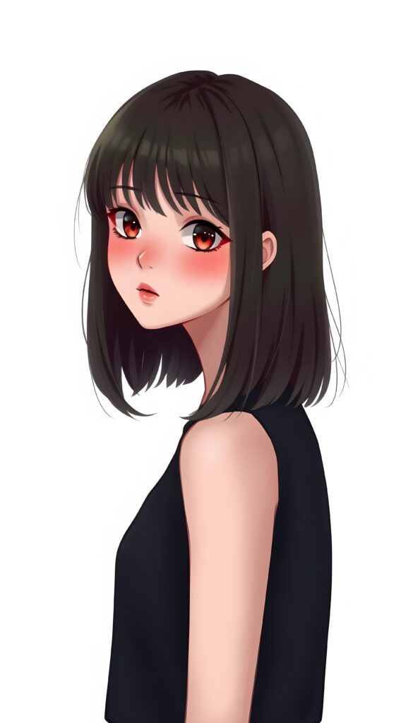 a (((realistic cute teen girl))) with a ((perfectly curved silhouette)) and illustrative details that convey youthful cuteness, bob cut, shoulder-length hair