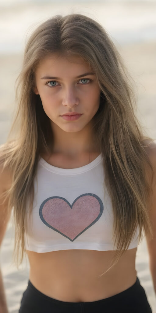 a (((realistic and detailed photo))) of a (((beautiful teen girl))) with long, flowing (((sandy soft brown straight hair))), green eyes, and a sleekly defined figure, dressed in a tight (((white graphic short tank top, perfect curved body))) featuring a (((heart))), paired with a (((black round mini skirt))). She poses confidently on a sunny sandy beach.