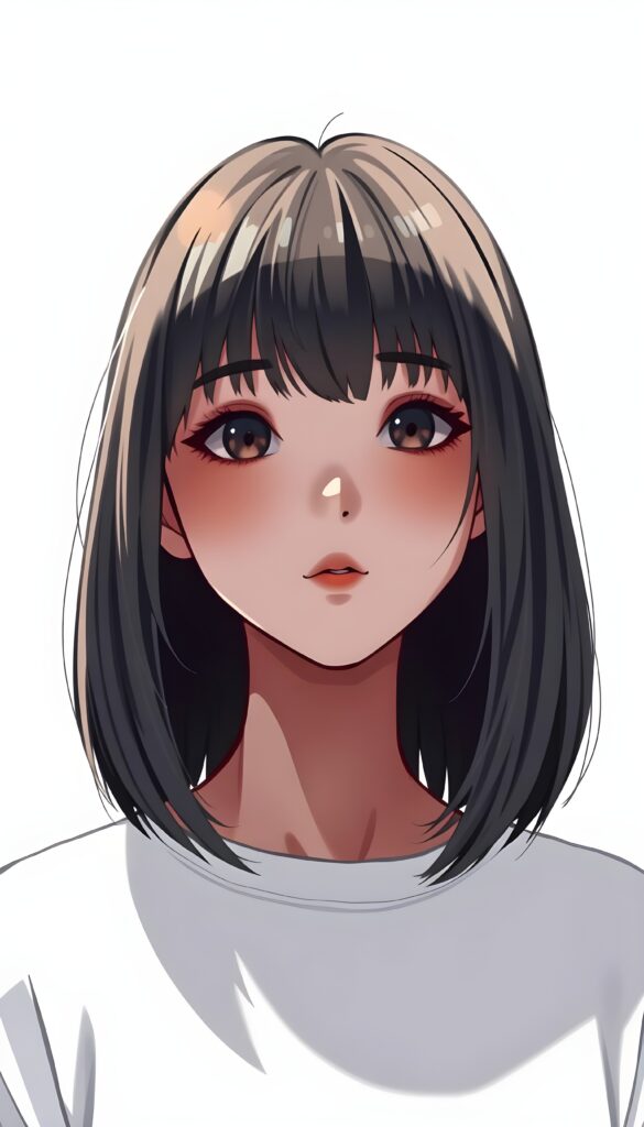 a (((realistic cute teen girl))) with a ((perfectly curved silhouette)) and illustrative details that convey youthful cuteness, bob cut, shoulder-length hair