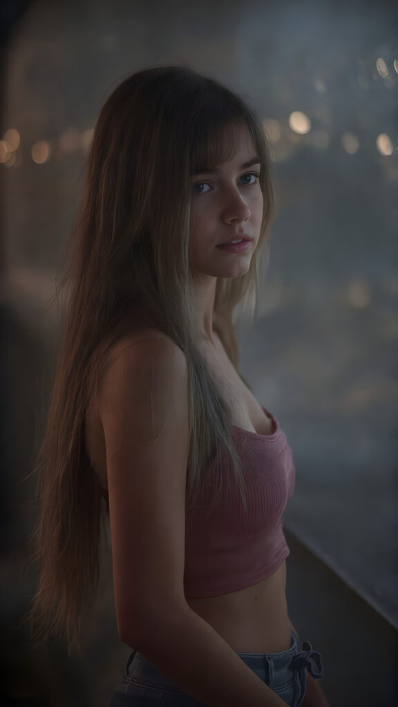 a (((realistic and detailed portrait))) of a 14-year-old silver-skinned teen girl, a perfect curves-fitting body, (((short pants))) and ((super short crop tank top)), an angelic (((round face))), (((soft long straight hair, her hair reaches down to her waist))), and an (((nightly landscape))) as a (side view)