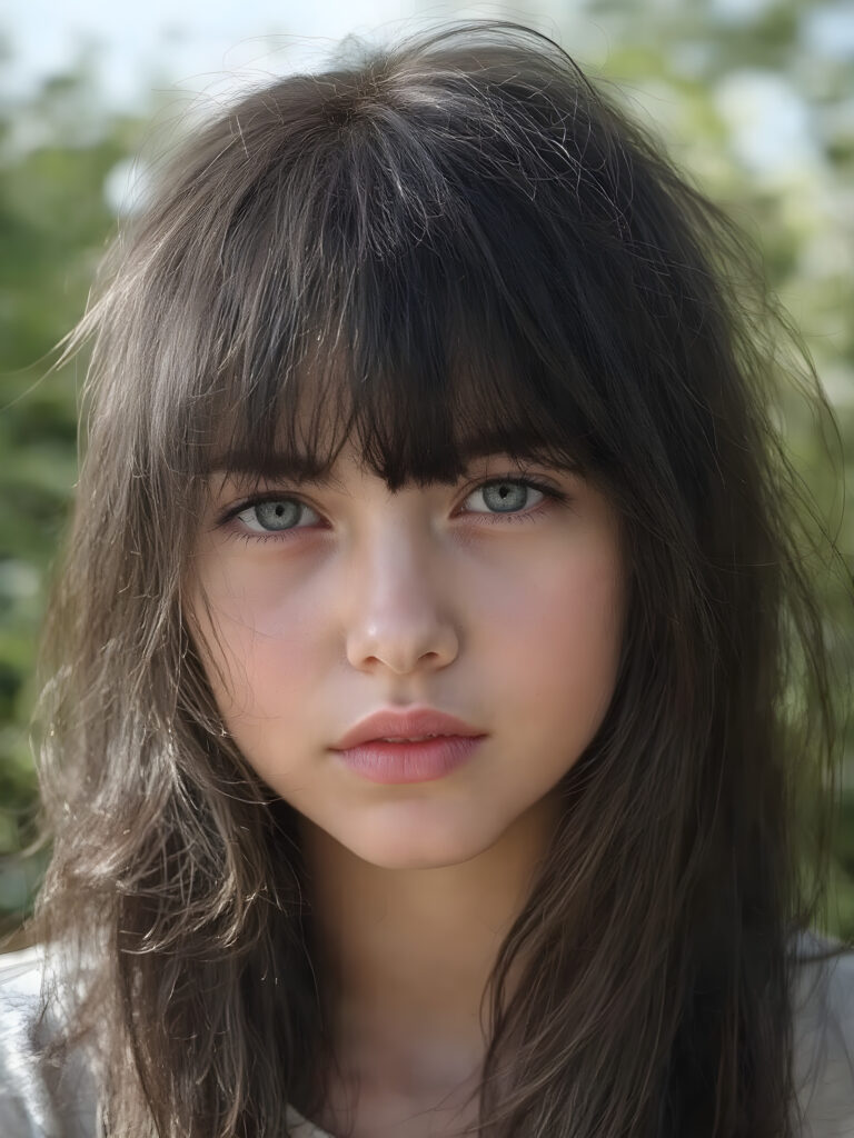a (((realistic portrait))), representing a (((beautiful young girl, long soft obsidian black messy full hair, bangs cut))), round face, with an (((ultra realistic, intricate details))) that defy the laws of physics, with a (((dynamic advanced lighting system))) that brings out the extreme details, composited against a (((natural, sunny green backdrop))), emulating a hyper-realistic, advanced photography