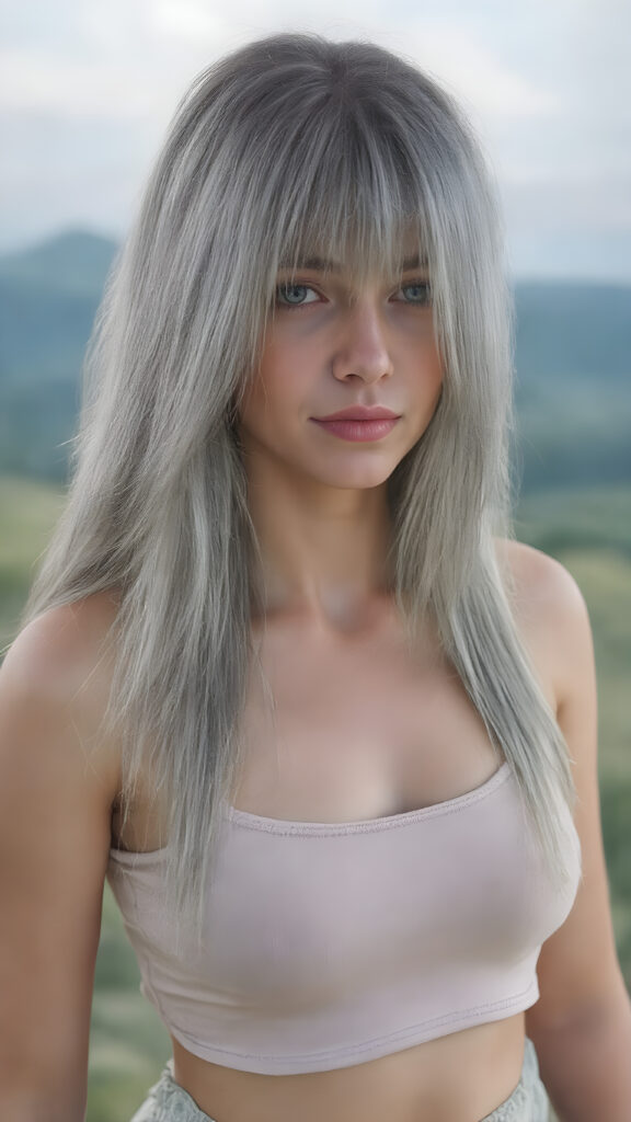a (((realistic and detailed portrait))) of a young silver-skinned teen girl, a perfect curves-fitting body, (((short pants))) and ((super short crop tank top)), an angelic (((round face))), (((soft long straight grey hair, her hair reaches down to her waist))), and an (((natural landscape))) as a (side view)