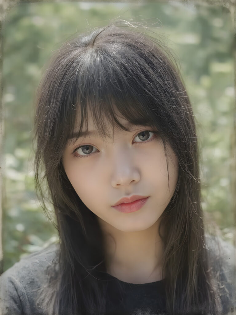 a (((realistic old close up Polaroid photo))), representing a (((beautiful young Asian girl, long soft obsidian black hair, bangs cut))), round face, with an (((ultra realistic, intricate details))) that defy the laws of physics, with a (((dynamic advanced lighting system))) that brings out the extreme details, composited against a (((natural, sunny green backdrop))), emulating a hyper-realistic, advanced photography, exotic style
