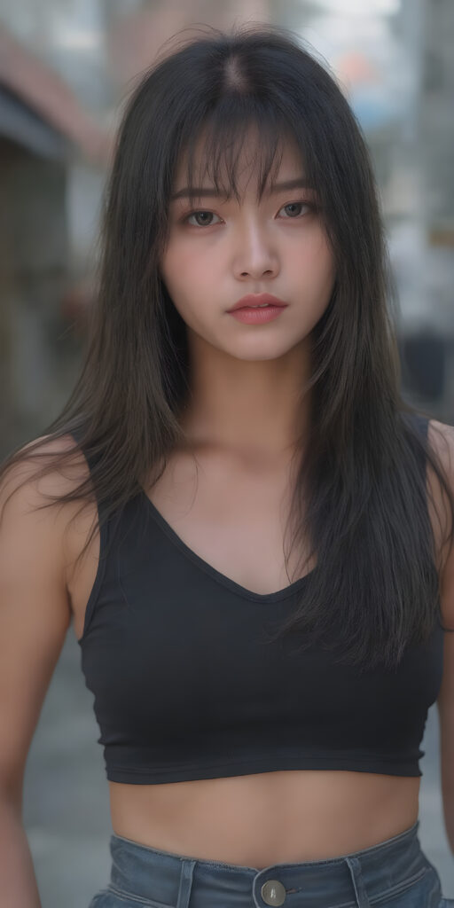 a realistic (((beautiful young well busty Korean teenage dream girl, perfect curved body))), with flowing, (((soft long straight black soft hair, bangs))). She is dressed in a sleek, (cropped tank top, deep v-neck), photograph, stands in the street