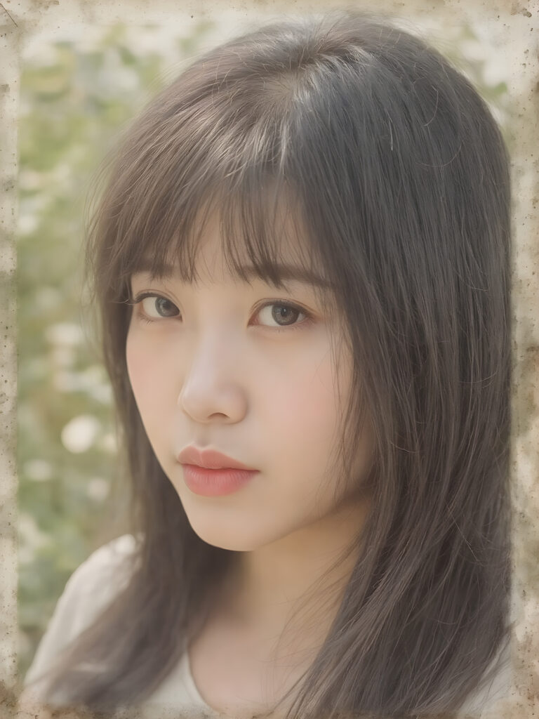 a (((realistic old close up Polaroid photo))), representing a (((beautiful young Asian girl, long soft obsidian black hair, bangs cut))), round face, with an (((ultra realistic, intricate details))) that defy the laws of physics, with a (((dynamic advanced lighting system))) that brings out the extreme details, composited against a (((natural, sunny green backdrop))), emulating a hyper-realistic, advanced photography, exotic style
