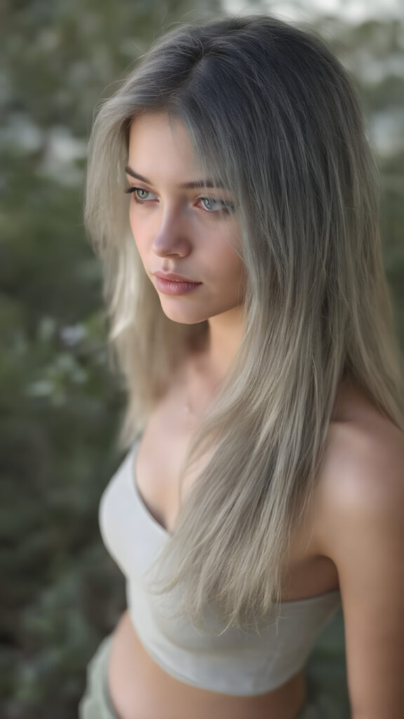 a (((realistic and detailed portrait))) of a young silver-skinned teen girl, a perfect curves-fitting body, (((short pants))) and ((super short crop tank top)), an angelic (((round face))), (((soft long straight grey hair, her hair reaches down to her waist))), and an (((natural landscape))) as a (side view)