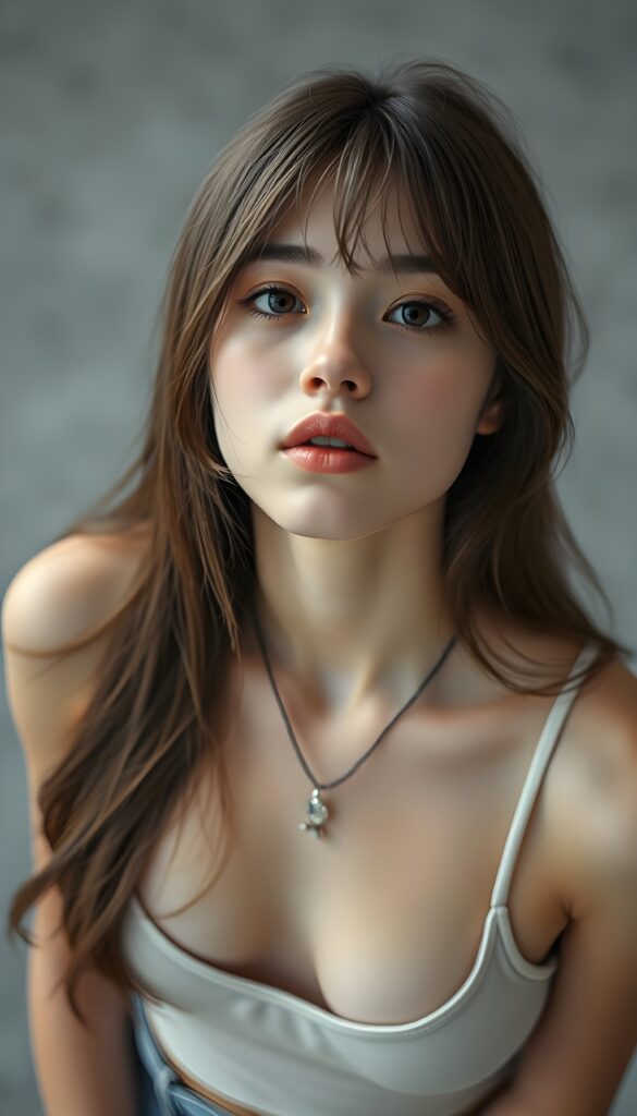 a (((realistic cute teen girl))), with straight soft long light brown hair, (full lips), that exude innocence, paired with a (short cropped tank top) that emphasizes her perfect body, (perfect skin), her figure is so perfectly proportioned that it defies reality, (((against a light grey backdrop))) ((upper body portrait)), view from above and she looks up to the viewer.
