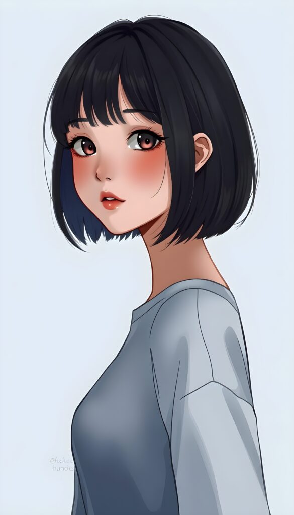 a (((realistic cute teen girl))) with a ((perfectly curved silhouette)) and illustrative details that convey youthful cuteness, bob cut, shoulder-length hair
