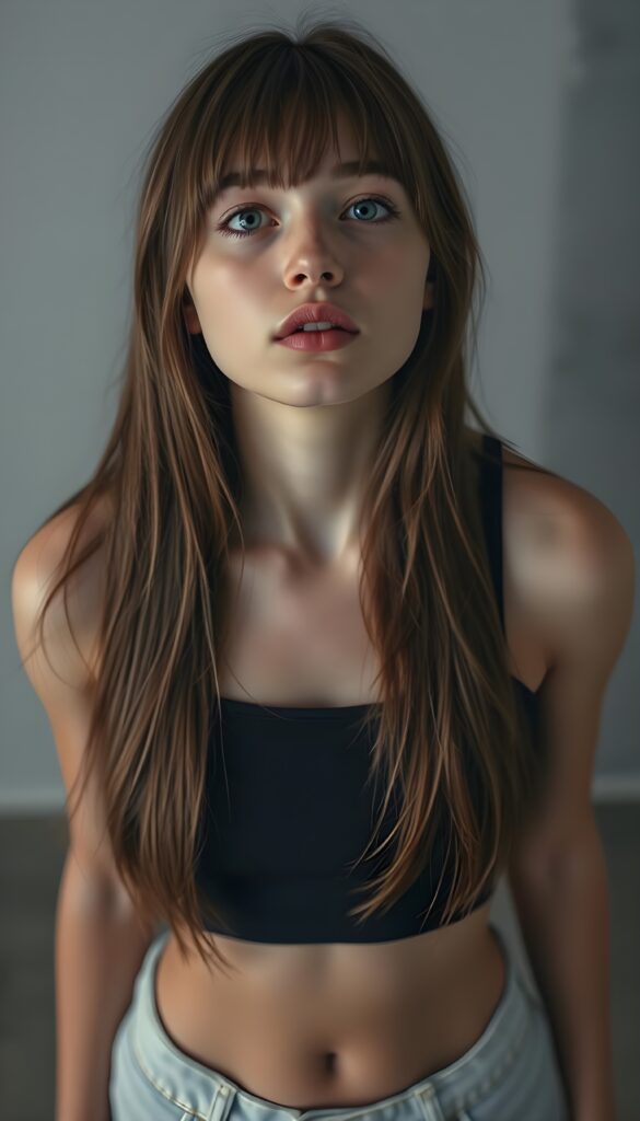 a (((realistic cute teen girl))), with straight soft long light brown hair, (full lips), that exude innocence, paired with a (short cropped tank top) that emphasizes her perfect body, (perfect skin), her figure is so perfectly proportioned that it defies reality, (((against a light grey backdrop))) ((upper body portrait)), view from above and she looks up to the viewer.
