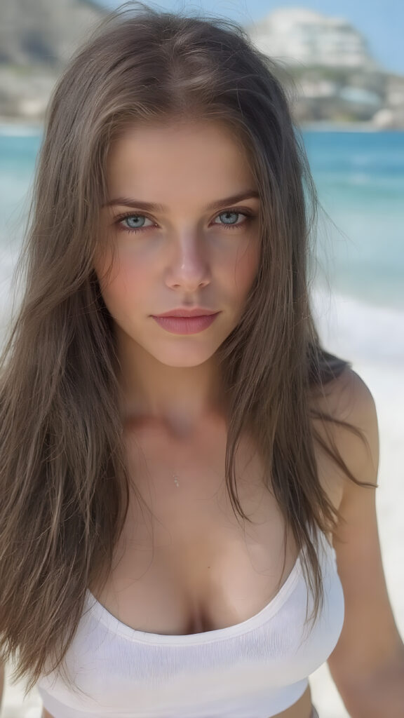 a (((realistic and detailed photo))) of a (((beautiful well busty teen girl))) with long, (((soft black straight hair))), green eyes, and a sleekly defined figure, dressed in a tight (((white short tank top, deep neck))), paired with a (((black round mini skirt))), on a sunny sandy beach.