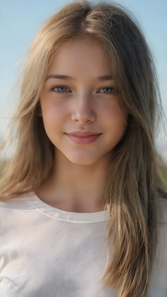a realistic and detailed upper body portrait of a (((stunning))), ((gorgeous)), a young adult girl with straight soft long (((dark brown chocolate copper hair))), her hair falls gently over her upper body, it is the same length on both sides and ((vividly captivating (hazel eyes) that draw you in. She stands in a (sunlit meadow) under a clear blue sky, wearing a (soft, sheer cropped (white t-shirt). The overall atmosphere should convey a sense of innocent beauty and (softness), she smiles, open mouth, white teeth