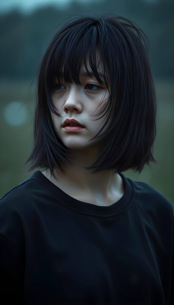 a realistic and detailed upper body photo from a (((sad girl))) (((long, messy straight obsidian black hair in a shoulder length bob cut and bangs))), dressed in a thin ((black t-shirt)), offset by a (((a rainy day in a meadow), with muted (((blue lights))) as the backdrop for her emotional scene. Her face is portrayed in a side profile, with the focus on her.