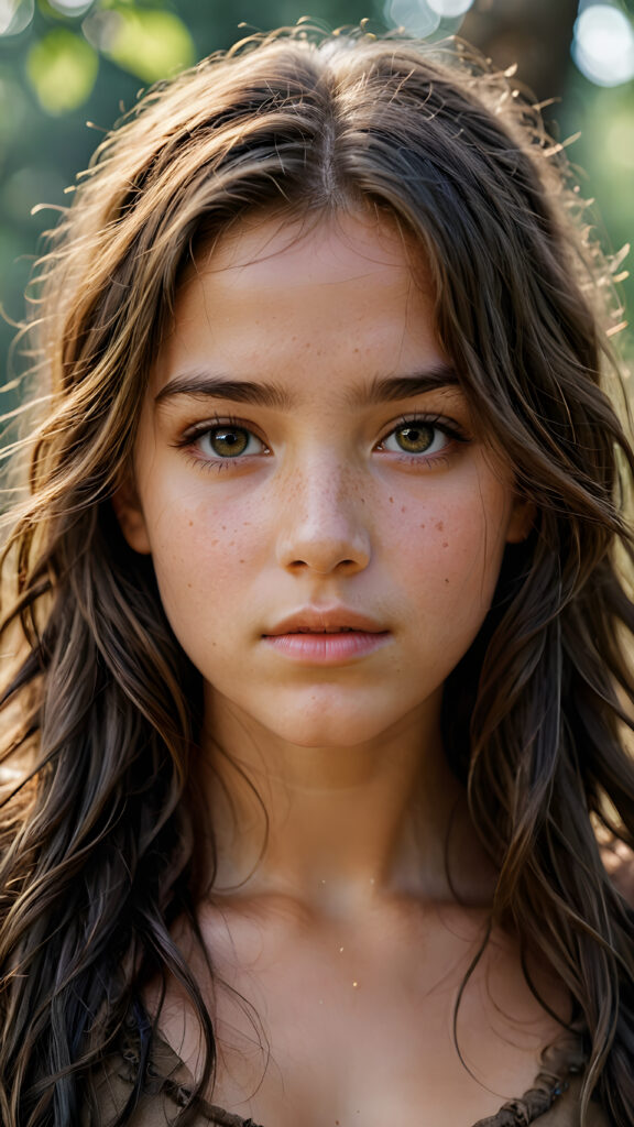 a realistic and detailed photograph of a young cute girl from the period 20000 BC, messy long hair