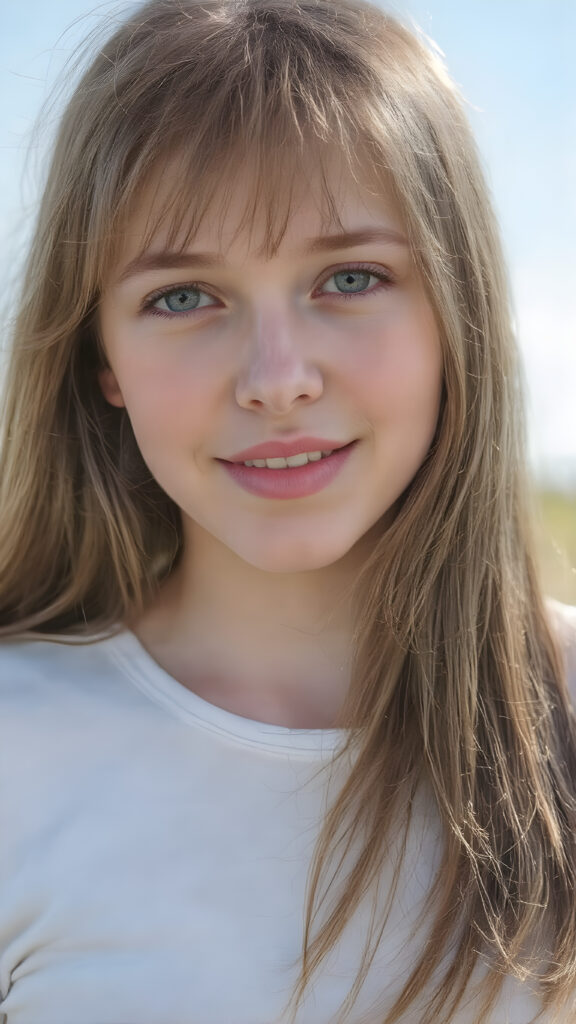 a realistic and detailed upper body portrait of a (((stunning))), ((gorgeous)), a young adult girl with straight soft long (((dark brown chocolate copper hair))), her hair falls gently over her upper body, it is the same length on both sides and ((vividly captivating (hazel eyes) that draw you in. She stands in a (sunlit meadow) under a clear blue sky, wearing a (soft, sheer cropped (white t-shirt). The overall atmosphere should convey a sense of innocent beauty and (softness), she smiles, open mouth, white teeth