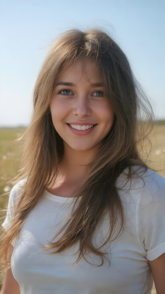 a realistic and detailed upper body portrait of a (((stunning))), ((gorgeous)), a young adult girl with straight soft long (((dark brown chocolate copper hair))), her hair falls gently over her upper body, it is the same length on both sides and ((vividly captivating (hazel eyes) that draw you in. She stands in a (sunlit meadow) under a clear blue sky, wearing a (soft, sheer cropped (white t-shirt). The overall atmosphere should convey a sense of innocent beauty and (softness), she smiles, open mouth, white teeth