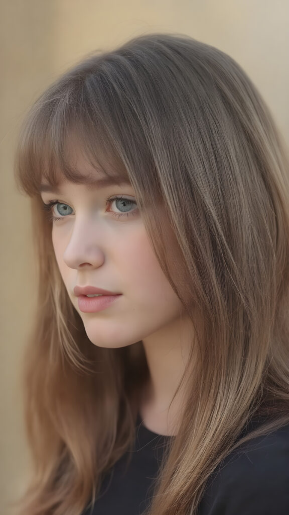 a realistic and detailed young girl, 15 years old, straight soft light brown hair, bangs cut, perfect curved body, perfect anatomy, natural background, side perspective ((realistic photo)) ((stunning)) ((gorgeous)) ((high resolution))