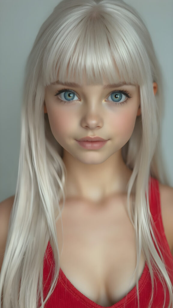 a realistic and detailed portrait, a (((beautiful young teen girl looks like a cute doll))), with ((super realistic, detailed long, straight white hair, bangs)), and ((big, expressive, bright, natural light blue eyes)), that convey a sense of youthful allure. Her ((skin is flawless)). She's ((busty)), with ((big, round, full, slightly parted lips that add to her enchanting smile)). Her ((almond skin)) adds to her ((natural beauty)), with ((red mini low-cut v-neck tank top, perfect and cute detailed belly button)), light grey studio backdrop, ( Hyper-detailed Warm tones Dramatic lighting Cinematic )
