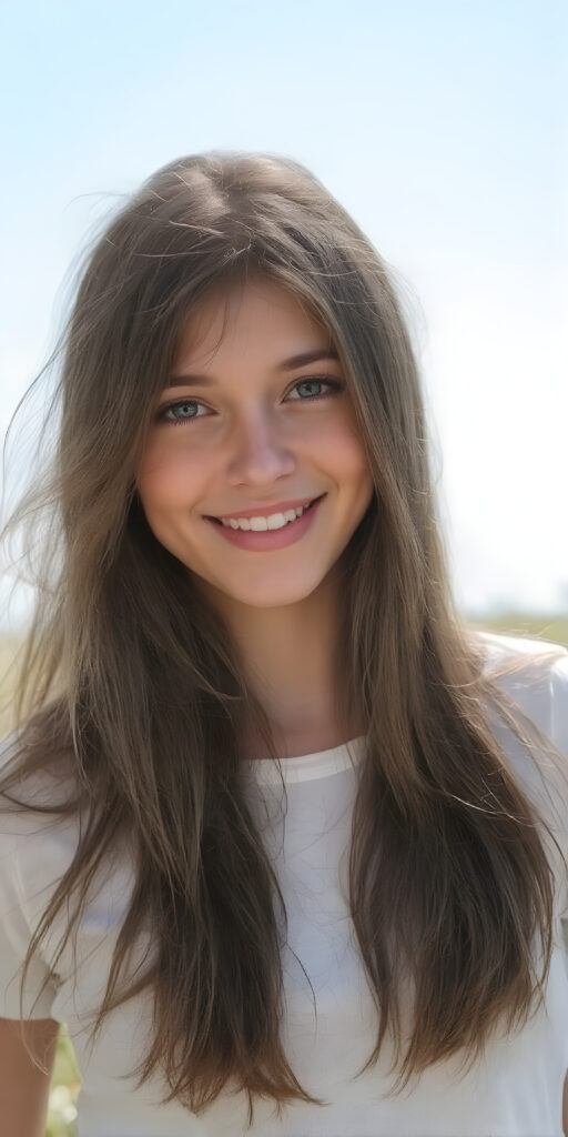 a realistic and detailed upper body portrait of a (((stunning))), ((gorgeous)), a young adult girl with straight soft long (((dark brown chocolate copper hair))), her hair falls gently over her upper body and ((vividly captivating (hazel eyes) that draw you in. She stands in a (sunlit meadow) under a clear blue sky, wearing a (soft, sheer cropped (white t-shirt). The overall atmosphere should convey a sense of innocent beauty and (softness), she smiles, open mouth, white teeth