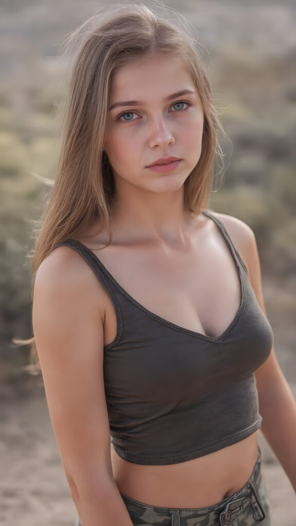 a realistic and detailed upper body portrait of a young well busty teen girl, 14 years old, in a plunge deep v-neck ((short crop tank top in (camouflage color))), perfect curved body, ((tattered short pants)), ((angelic round face)), ((red soft long straight hair)) ((sunny desert landscape in backdrop))