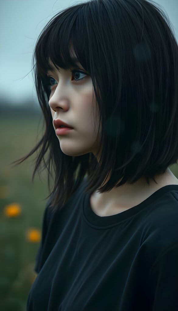 a realistic and detailed upper body photo from a (((sad girl))) (((long, messy straight obsidian black hair in a shoulder length bob cut and bangs))), dressed in a thin ((black t-shirt)), offset by a (((a rainy day in a meadow), with muted (((blue lights))) as the backdrop for her emotional scene. Her face is portrayed in a side profile, with the focus on her.