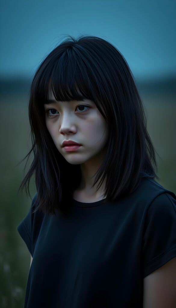 a realistic and detailed upper body photo from a (((sad girl))) (((long, messy straight obsidian black hair in a shoulder length bob cut and bangs))), dressed in a thin ((black t-shirt)), offset by a (((a rainy day in a meadow), with muted (((blue lights))) as the backdrop for her emotional scene. Her face is portrayed in a side profile, with the focus on her.