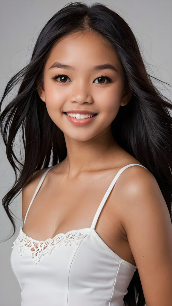 a realistic and detailed photo from a (((gorgeous stunning cute little perfectly curved Filipino teenage girlie, 13 years old))), looks seductive, slightly open mouth, full lips, white teeth, with (((light obsidian-black very long soft jet hair))), featuring (((light amber eyes))), and a (((small flawless round face))), wears a white thin short cropped spaghetti tank top, ((grey background)) ((full-body)) ((side view))