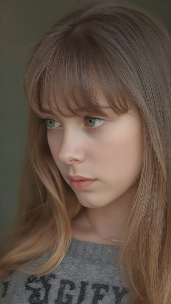 a realistic and detailed young girl, 15 years old, straight soft light brown hair, bangs cut, perfect curved body, perfect anatomy, natural background, side perspective ((realistic photo)) ((stunning)) ((gorgeous)) ((high resolution))
