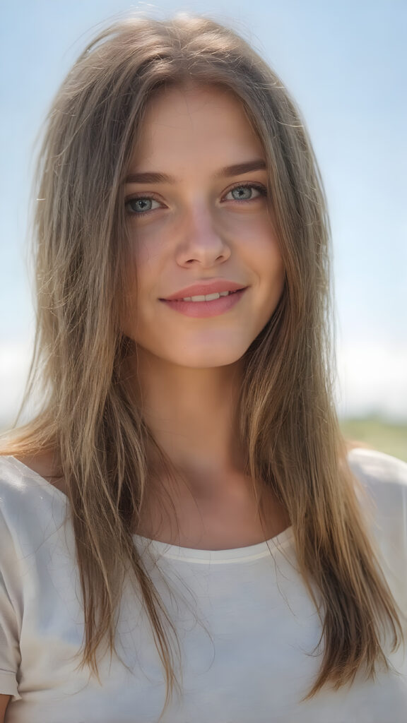 a realistic and detailed upper body portrait of a (((stunning))), ((gorgeous)), a young adult girl with straight soft long (((dark brown chocolate copper hair))), her hair falls gently over her upper body, it is the same length on both sides and ((vividly captivating (hazel eyes) that draw you in. She stands in a (sunlit meadow) under a clear blue sky, wearing a (soft, sheer cropped (white t-shirt). The overall atmosphere should convey a sense of innocent beauty and (softness), she smiles, open mouth, white teeth
