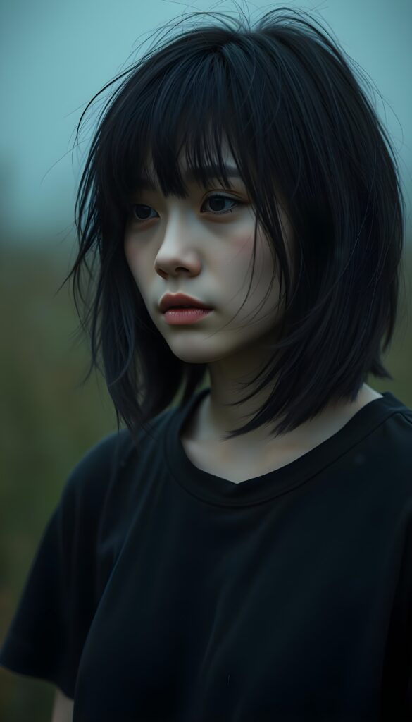 a realistic and detailed upper body photo from a (((sad girl))) (((long, messy straight obsidian black hair in a shoulder length bob cut and bangs))), dressed in a thin ((black t-shirt)), offset by a (((a rainy day in a meadow), with muted (((blue lights))) as the backdrop for her emotional scene. Her face is portrayed in a side profile, with the focus on her.