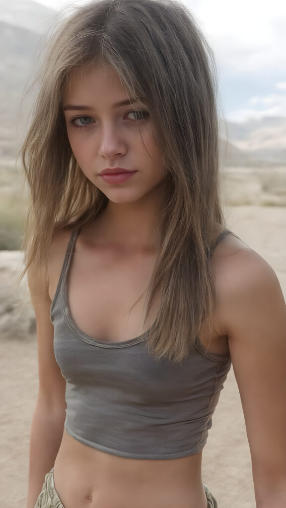 a realistic and detailed portrait of teen girl, 14 years old, in a plunge neck ((short crop tank top in (camouflage color))), perfect curved fit body, ((tattered short pants)), ((angelic round face)), ((red soft long straight hair)) ((desert landscape in backdrop)), ((side view))
