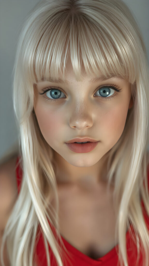 a realistic and detailed portrait, a (((beautiful young teen girl looks like a cute doll))), with ((super realistic, detailed long, straight white hair, bangs)), and ((big, expressive, bright, natural light blue eyes)), that convey a sense of youthful allure. Her ((skin is flawless)). She's ((busty)), with ((big, round, full, slightly parted lips that add to her enchanting smile)). Her ((almond skin)) adds to her ((natural beauty)), with ((red mini low-cut v-neck tank top, perfect and cute detailed belly button)), light grey studio backdrop, ( Hyper-detailed Warm tones Dramatic lighting Cinematic )
