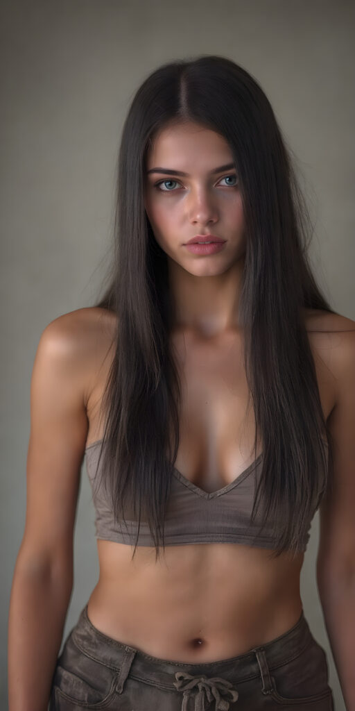 a realistic and detailed photograph of a well busty teen girl, wears thin clothes made of animal fur and skin, cropped tank top, deep v-neck, short skirt, straight jet long hair, seductive look