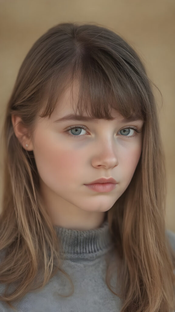 a realistic and detailed young girl, 15 years old, straight soft light brown hair, bangs cut, perfect curved body, perfect anatomy, natural background, side perspective ((realistic photo)) ((stunning)) ((gorgeous)) ((high resolution))
