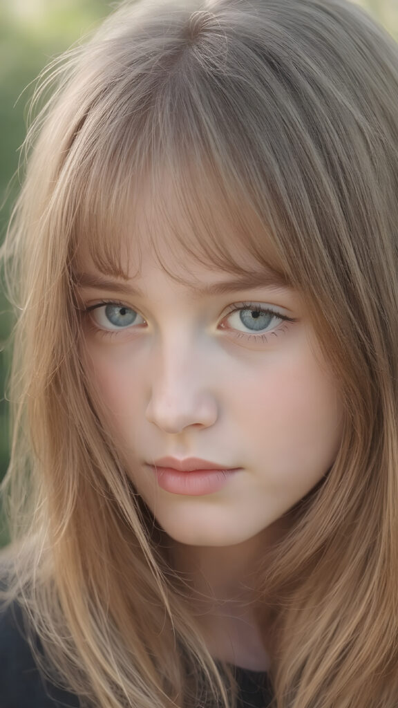 a realistic and detailed young girl, 15 years old, straight soft light brown hair, bangs cut, perfect curved body, perfect anatomy, natural background, side perspective ((realistic photo)) ((stunning)) ((gorgeous)) ((high resolution))