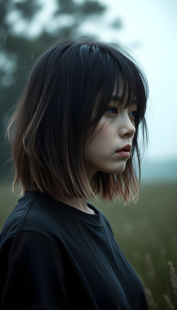 a realistic and detailed upper body photo from a (((sad girl))) (((long, messy straight obsidian black hair in a shoulder length bob cut and bangs))), dressed in a thin ((black t-shirt)), offset by a (((a rainy day in a meadow), with muted (((blue lights))) as the backdrop for her emotional scene. Her face is portrayed in a side profile, with the focus on her.
