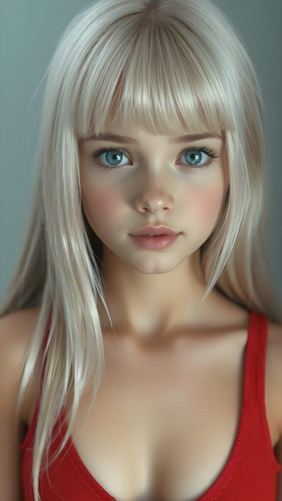 a realistic and detailed portrait, a (((beautiful young teen girl looks like a cute doll))), with ((super realistic, detailed long, straight white hair, bangs)), and ((big, expressive, bright, natural light blue eyes)), that convey a sense of youthful allure. Her ((skin is flawless)). She's ((busty)), with ((big, round, full, slightly parted lips that add to her enchanting smile)). Her ((almond skin)) adds to her ((natural beauty)), with ((red mini low-cut v-neck tank top, perfect and cute detailed belly button)), light grey studio backdrop, ( Hyper-detailed Warm tones Dramatic lighting Cinematic )