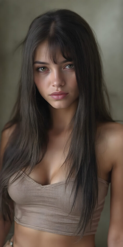 a realistic and detailed photograph of a well busty teen girl, wears thin clothes made of animal fur and skin, cropped tank top, deep v-neck, short skirt, straight jet long hair, seductive look