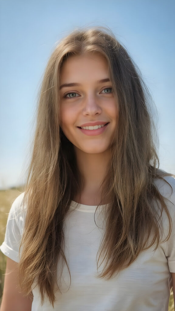 a realistic and detailed upper body portrait of a (((stunning))), ((gorgeous)), a young adult girl with straight soft long (((dark brown chocolate copper hair))), her hair falls gently over her upper body, it is the same length on both sides and ((vividly captivating (hazel eyes) that draw you in. She stands in a (sunlit meadow) under a clear blue sky, wearing a (soft, sheer cropped (white t-shirt). The overall atmosphere should convey a sense of innocent beauty and (softness), she smiles, open mouth, white teeth