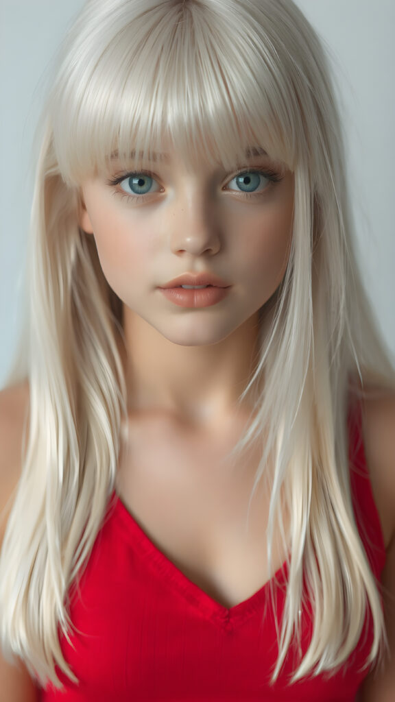 a realistic and detailed portrait, a (((beautiful young teen girl looks like a cute doll))), with ((super realistic, detailed long, straight white hair, bangs)), and ((big, expressive, bright, natural light blue eyes)), that convey a sense of youthful allure. Her ((skin is flawless)). She's ((busty)), with ((big, round, full, slightly parted lips that add to her enchanting smile)). Her ((almond skin)) adds to her ((natural beauty)), with ((red mini low-cut v-neck tank top, perfect and cute detailed belly button)), light grey studio backdrop, ( Hyper-detailed Warm tones Dramatic lighting Cinematic )