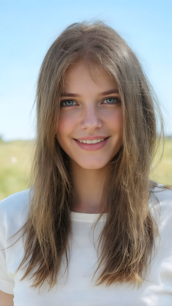 a realistic and detailed upper body portrait of a (((stunning))), ((gorgeous)), a young adult girl with straight soft long (((dark brown chocolate copper hair))), her hair falls gently over her upper body, it is the same length on both sides and ((vividly captivating (hazel eyes) that draw you in. She stands in a (sunlit meadow) under a clear blue sky, wearing a (soft, sheer cropped (white t-shirt). The overall atmosphere should convey a sense of innocent beauty and (softness), she smiles, open mouth, white teeth
